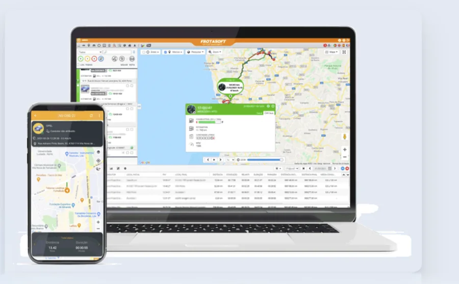 Frotasoft num computador e telemóvel com localização GPS de viaturas