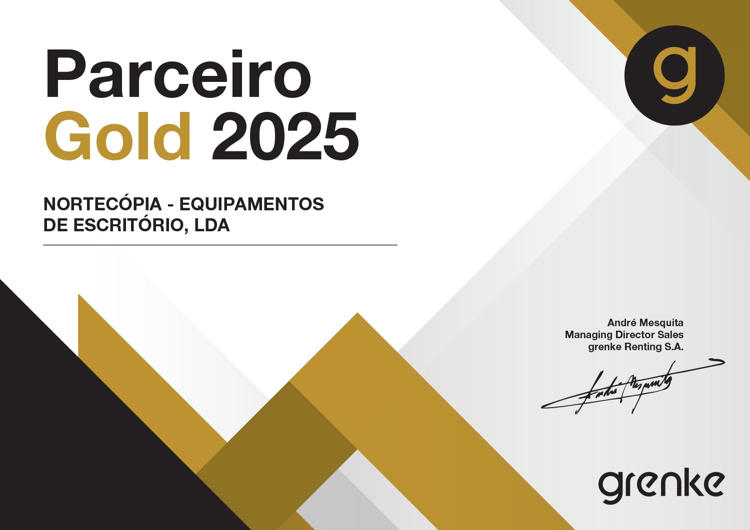 Certificado Parceiro Gold 2025 da grenke atribuído à Nortecópia